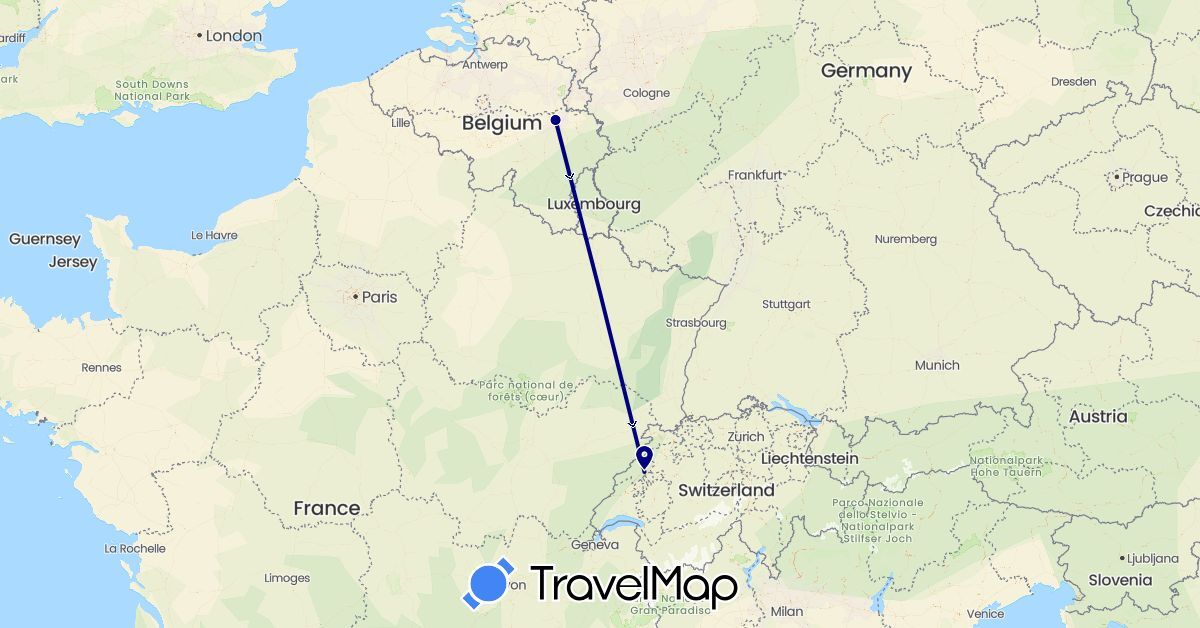 TravelMap itinerary: driving in Belgium, Switzerland (Europe)